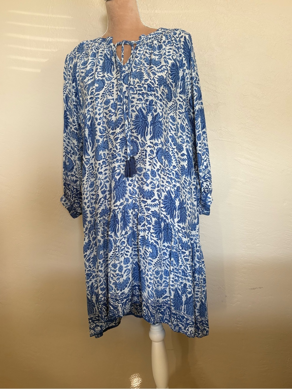 Natalie Martin Blue and White Floral Tie-Neck Dress